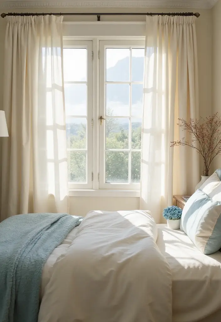 29 Cream and Blue Bedroom Designs That Are Soft & Dreamy - 27. Dreamy Light Play