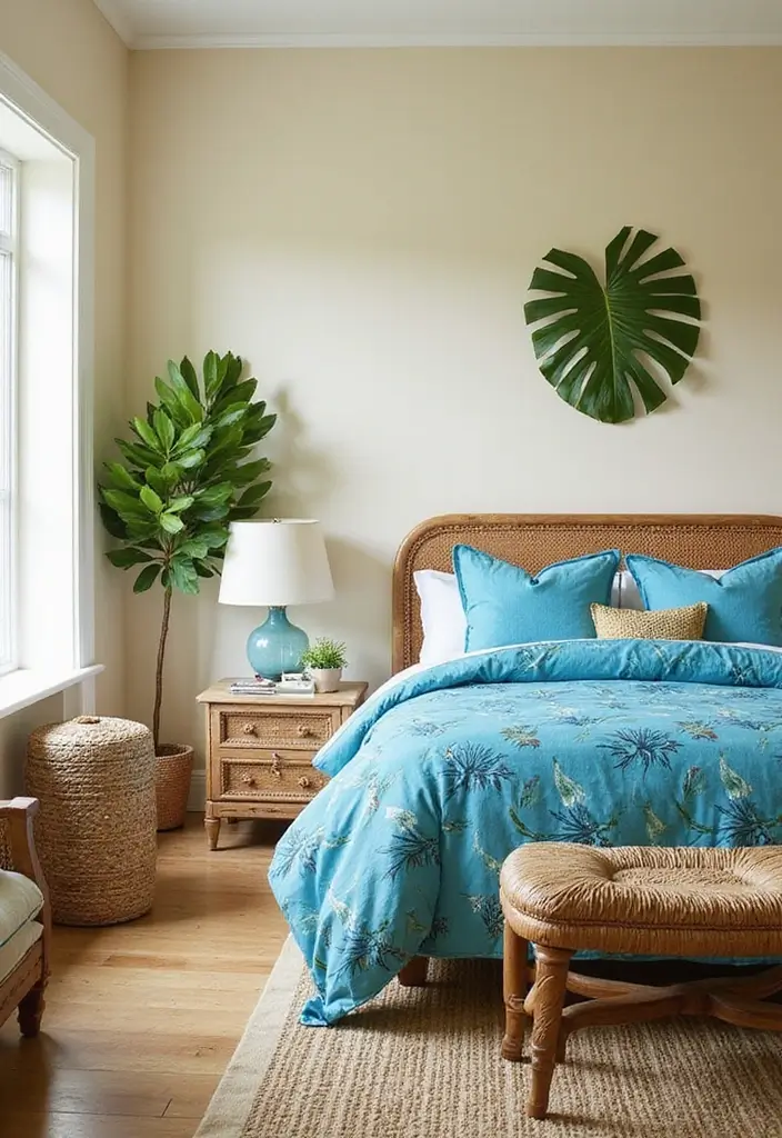 29 Cream and Blue Bedroom Designs That Are Soft & Dreamy - 29. Tropical Escape