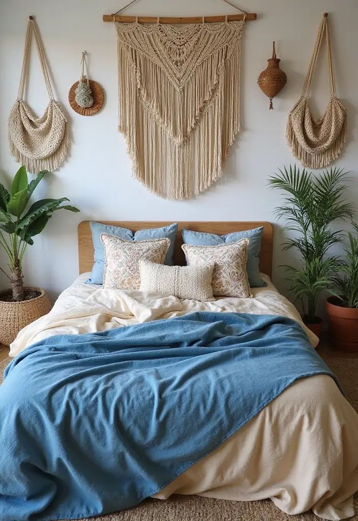 29 Cream and Blue Bedroom Designs That Are Soft & Dreamy - 4. Bohemian Bliss