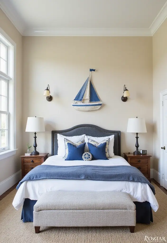 29 Cream and Blue Bedroom Designs That Are Soft & Dreamy - 6. Nautical Charm