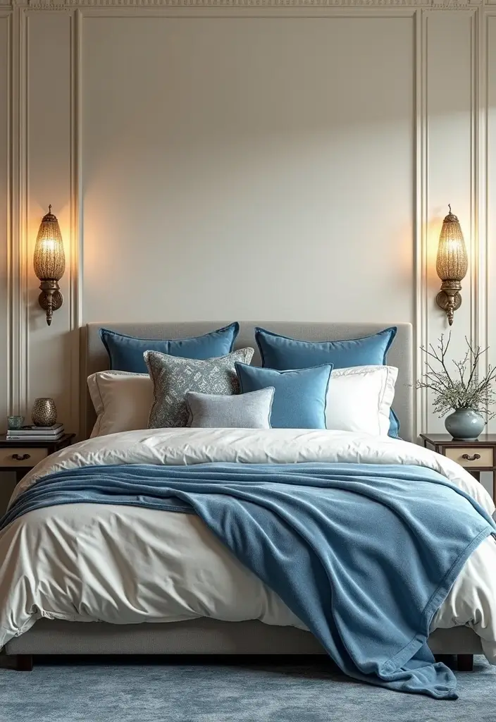 29 Cream and Blue Bedroom Designs That Are Soft & Dreamy - 9. Elegant Layers