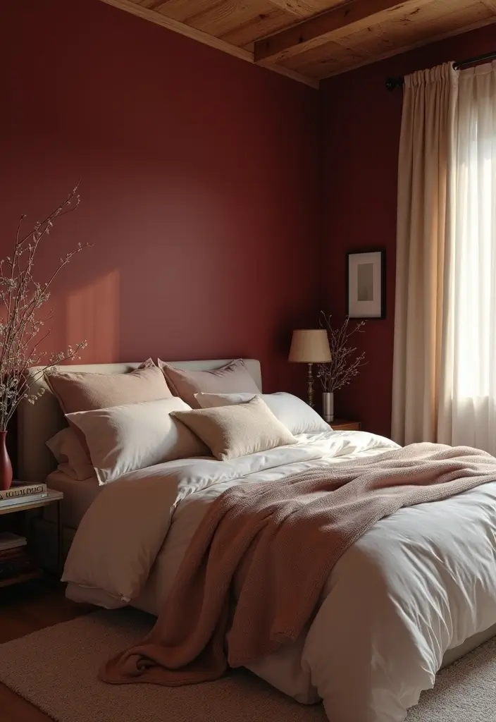 29 Dark Bedroom Wall Colors That Create a Moody and Relaxing Space - 9. Deep Maroon