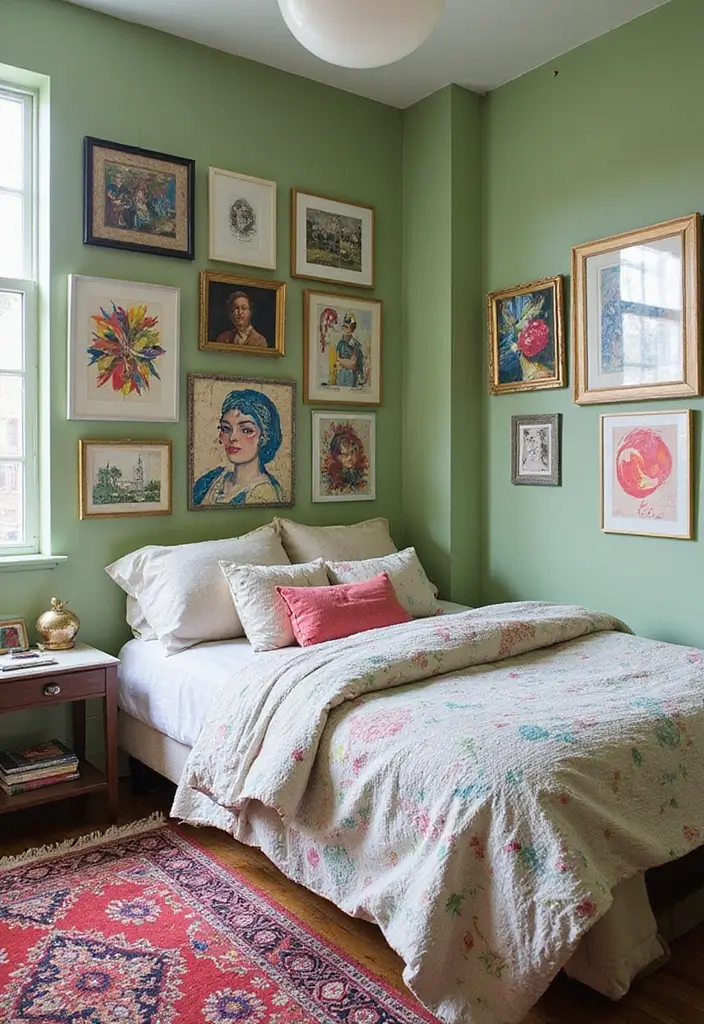 29 Light Green Walls Bedroom Ideas That Are Fresh & Calming - 12. Artful Expressions