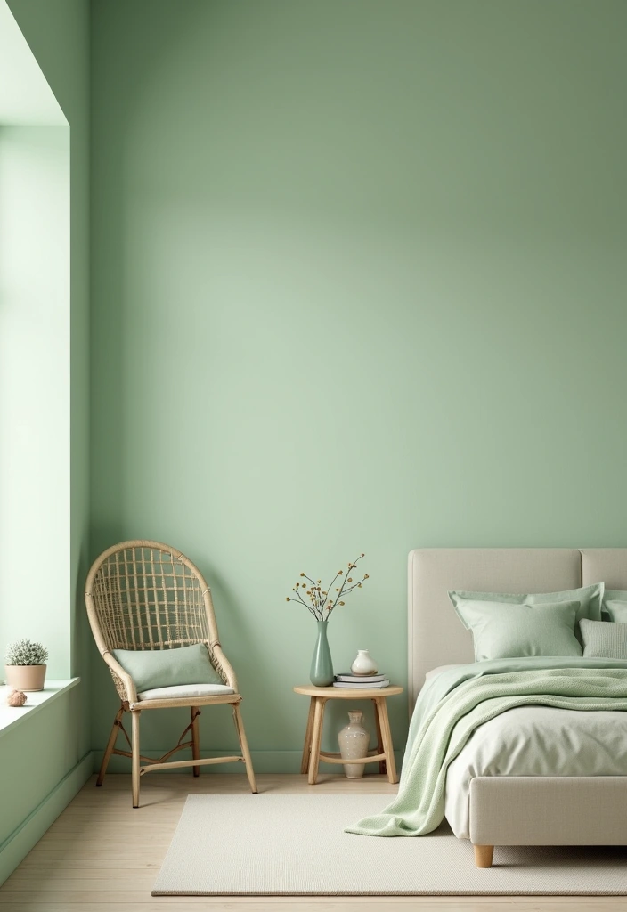 29 Light Green Walls Bedroom Ideas That Are Fresh & Calming - 18. Minimalist Green Elements