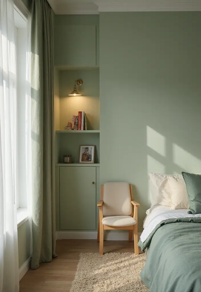 29 Light Green Walls Bedroom Ideas That Are Fresh & Calming - 21. Cozy Reading Nook