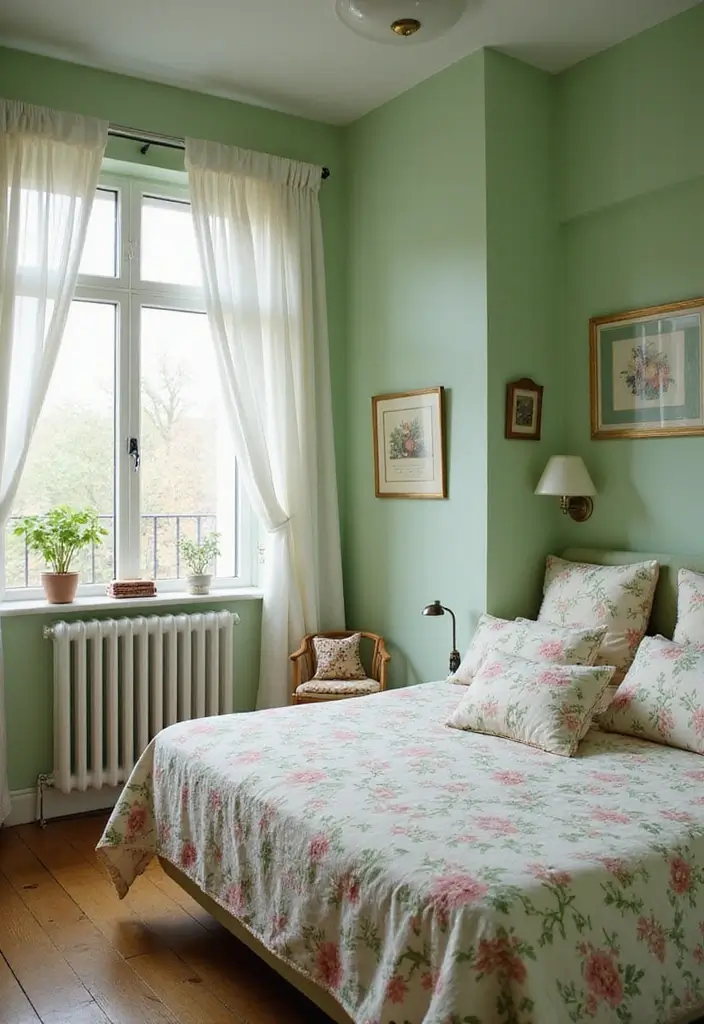 29 Light Green Walls Bedroom Ideas That Are Fresh & Calming - 23. Vintage Floral Patterns