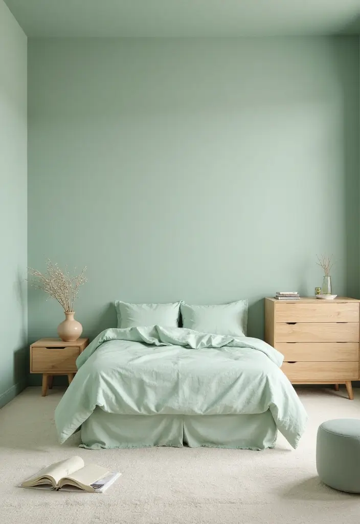 29 Light Green Walls Bedroom Ideas That Are Fresh & Calming - 24. Minimalist Green Decor