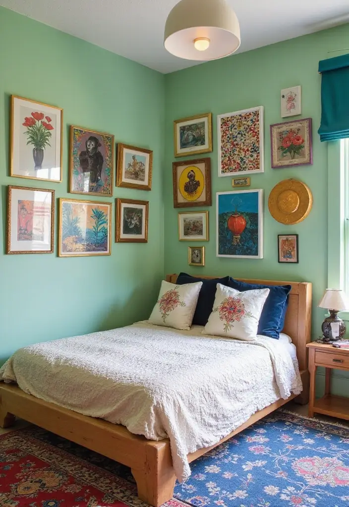 29 Light Green Walls Bedroom Ideas That Are Fresh & Calming - 28. Creative Wall Art