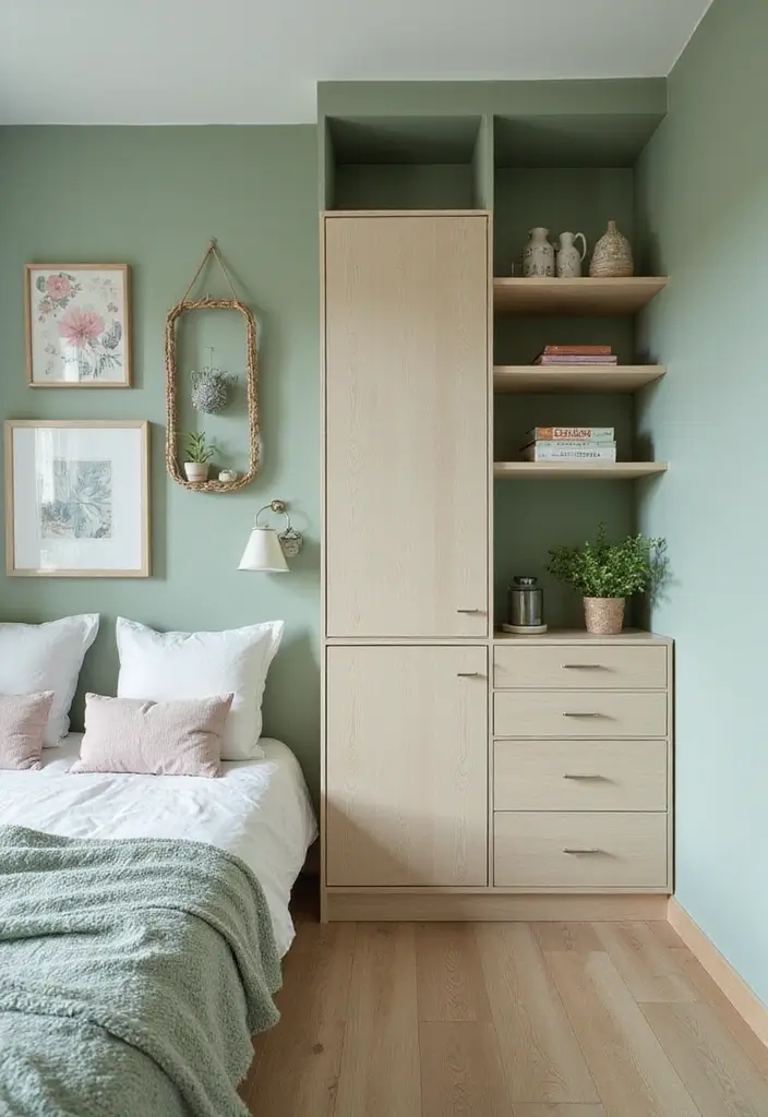 29 Light Green Walls Bedroom Ideas That Are Fresh & Calming - 29. Functional and Stylish Storage Solutions