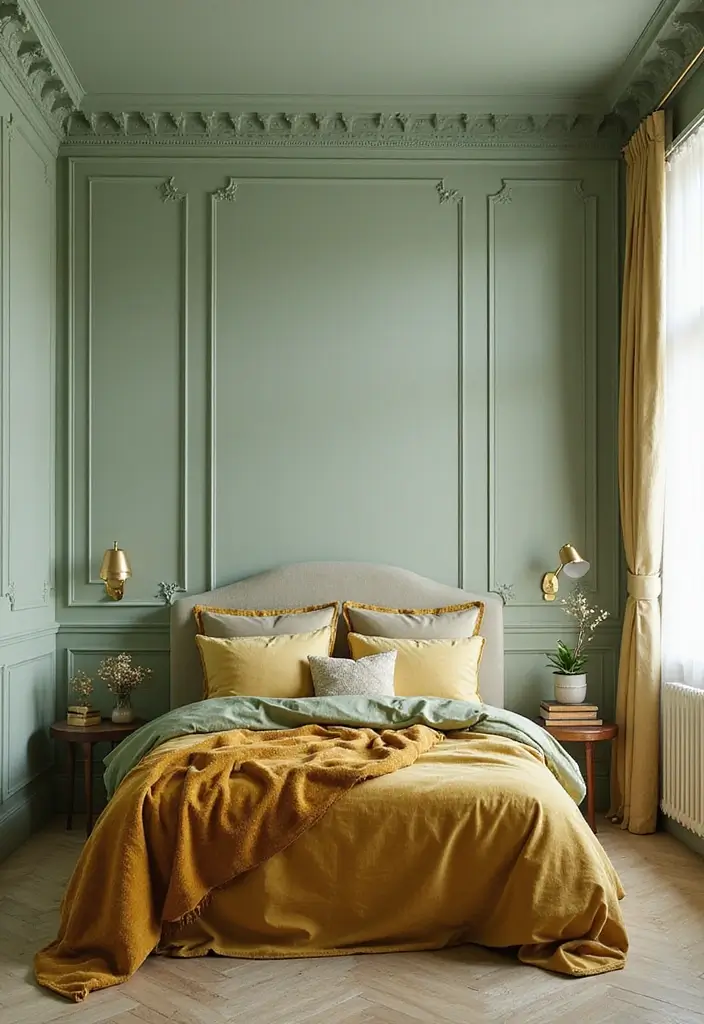29 Light Green Walls Bedroom Ideas That Are Fresh & Calming - 3. Pale Green with Gold Accents