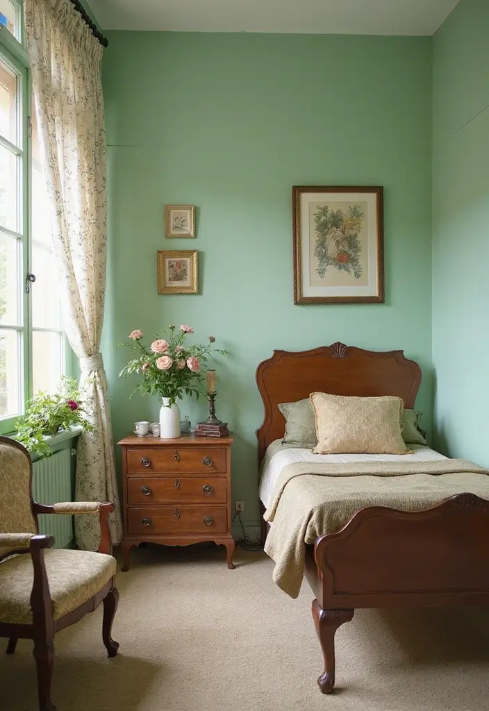 29 Light Green Walls Bedroom Ideas That Are Fresh & Calming - 8. Vintage Chic Vibes