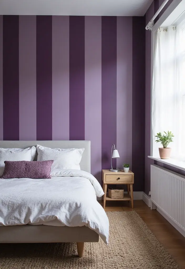 29 Purple Paint Colors Bedroom Ideas That Add Depth and Serenity - 19. Chic Purple Stripes