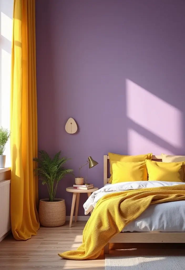 29 Purple Paint Colors Bedroom Ideas That Add Depth and Serenity - 23. Playful Purple and Yellow Pairing