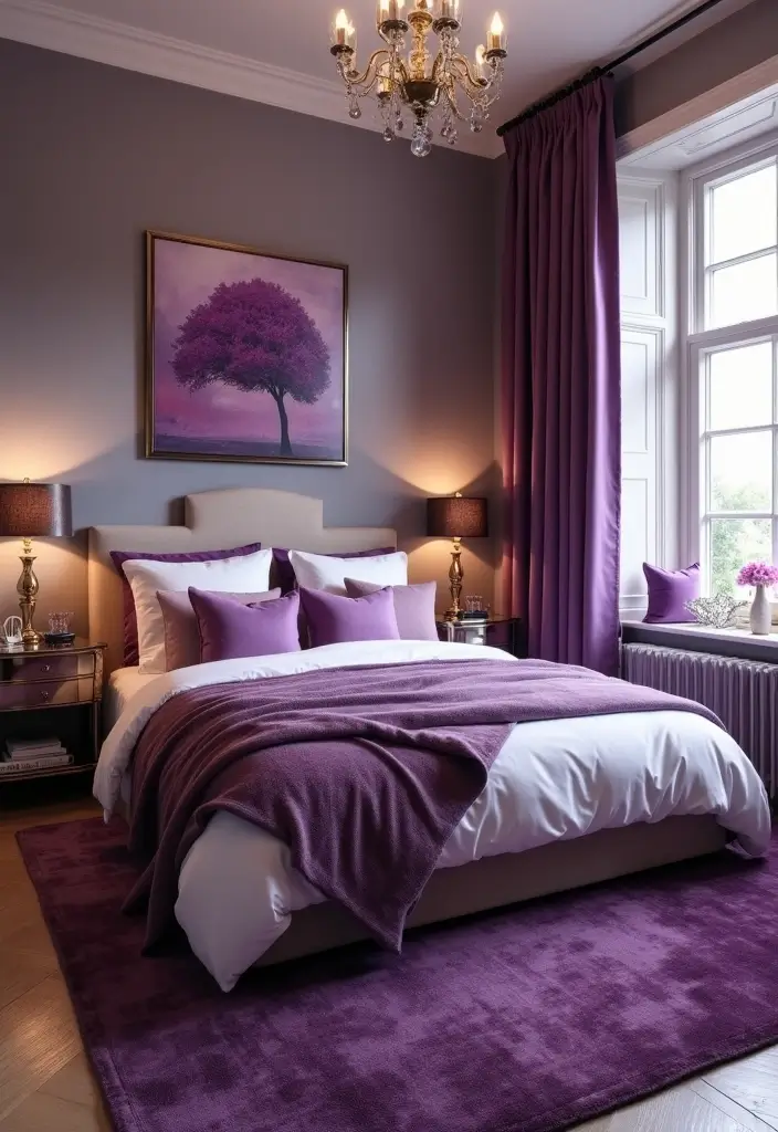 29 Purple Paint Colors Bedroom Ideas That Add Depth and Serenity - 26. Glamorous Purple Touches