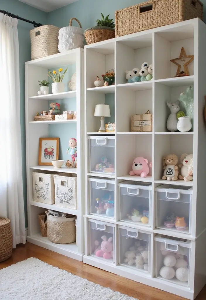 29 Shared Bedroom With Toddler Parents Ideas That Are Practical and Cozy - 23. Make Use of Clear Storage Cubes for Display and Functionality