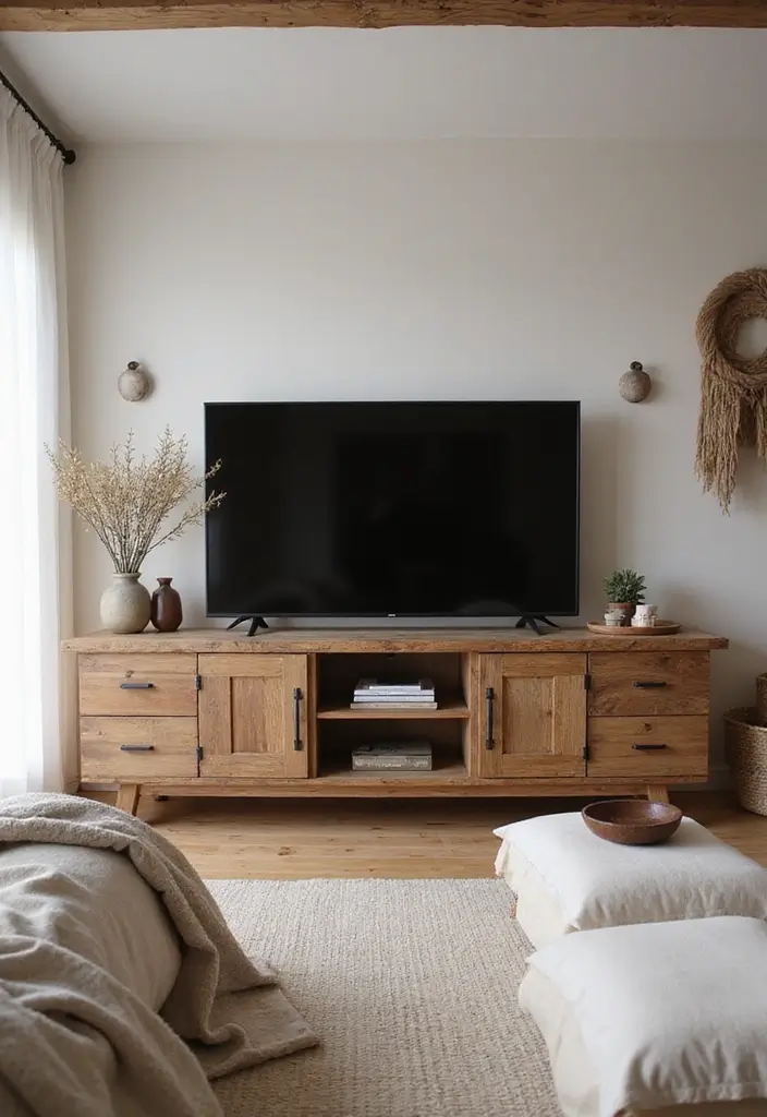 29 TV Unit in Bedroom Ideas That Feel Organized and Stylish - 11. Rustic TV Stand