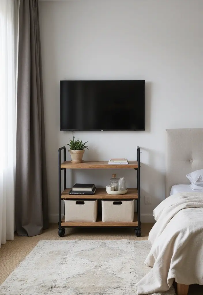 29 TV Unit in Bedroom Ideas That Feel Organized and Stylish - 17. Minimalist Trolley