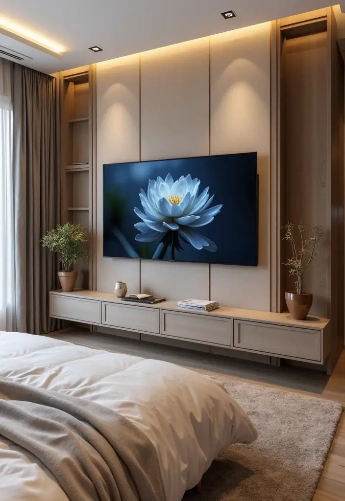 29 TV Unit in Bedroom Ideas That Feel Organized and Stylish - 18. Artful TV Frame