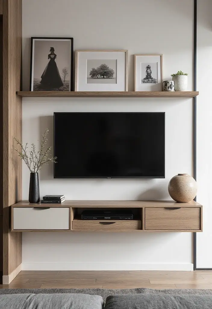 29 TV Unit in Bedroom Ideas That Feel Organized and Stylish - 19. Wall-Mounted Unit with Art Display