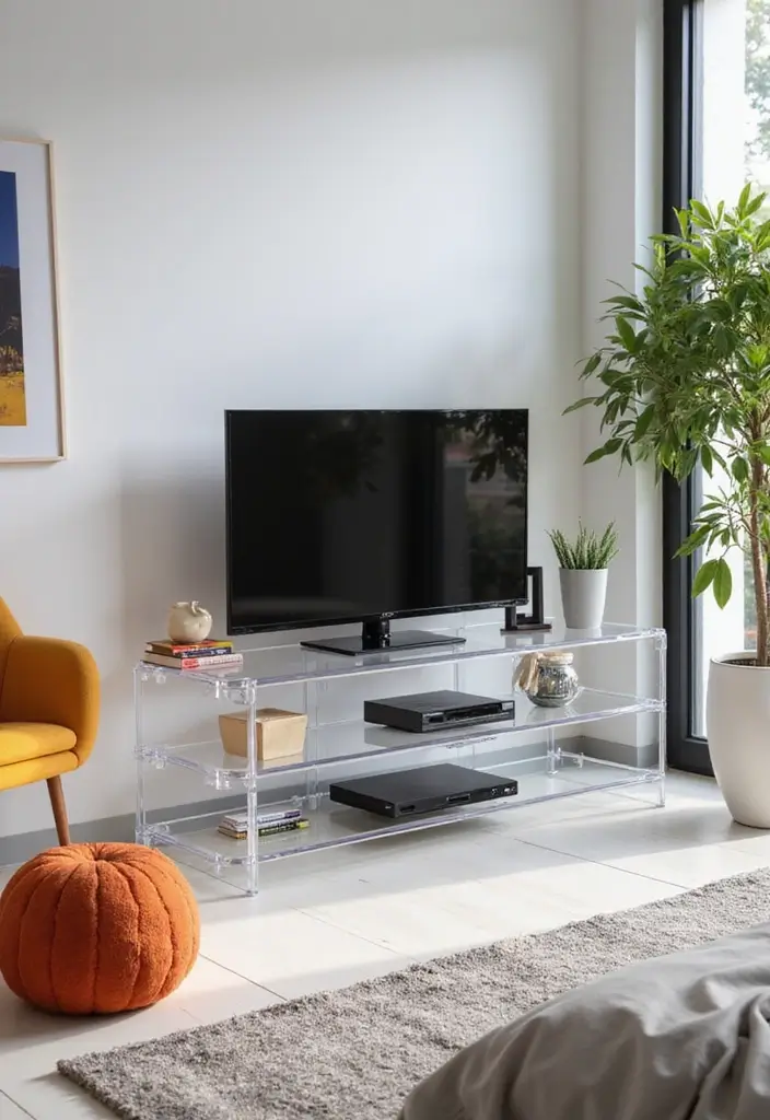 29 TV Unit in Bedroom Ideas That Feel Organized and Stylish - 21. Transparent Acrylic Unit