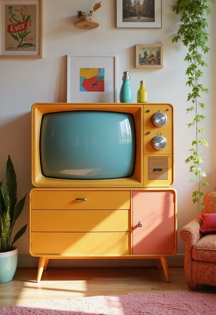 29 TV Unit in Bedroom Ideas That Feel Organized and Stylish - 24. Retro TV Unit