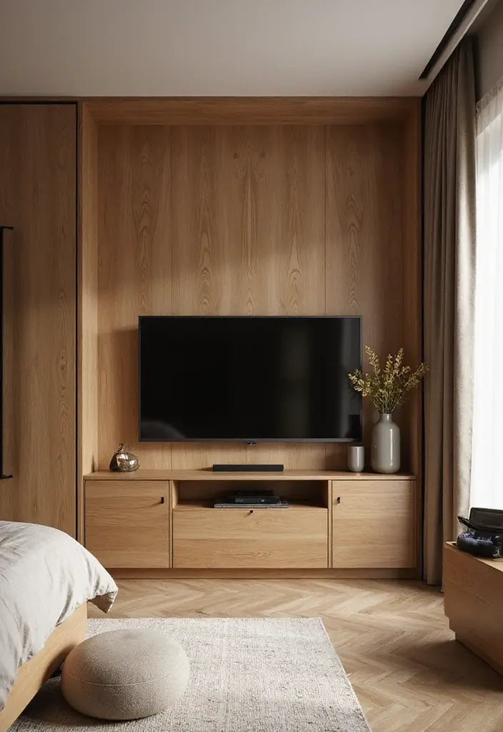 29 TV Unit in Bedroom Ideas That Feel Organized and Stylish - 26. Natural Wood Finish