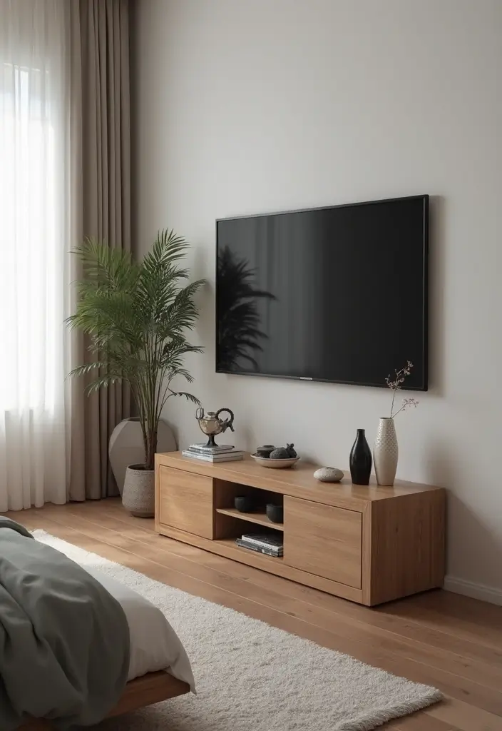 29 TV Unit in Bedroom Ideas That Feel Organized and Stylish - 27. Stylish Side Table with TV Mount