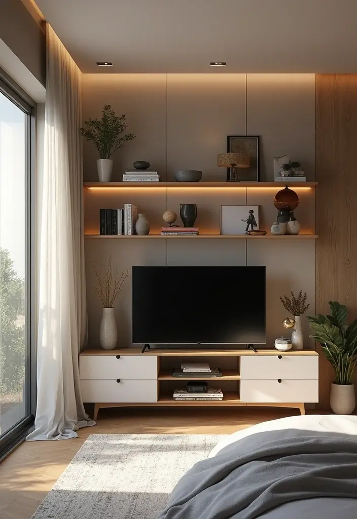29 TV Unit in Bedroom Ideas That Feel Organized and Stylish - 28. Layered Look with TV and Decor