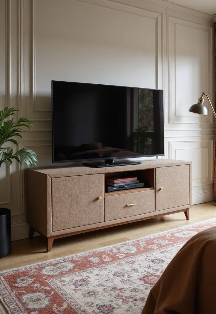 29 TV Unit in Bedroom Ideas That Feel Organized and Stylish - 29. Luxe Upholstered TV Unit