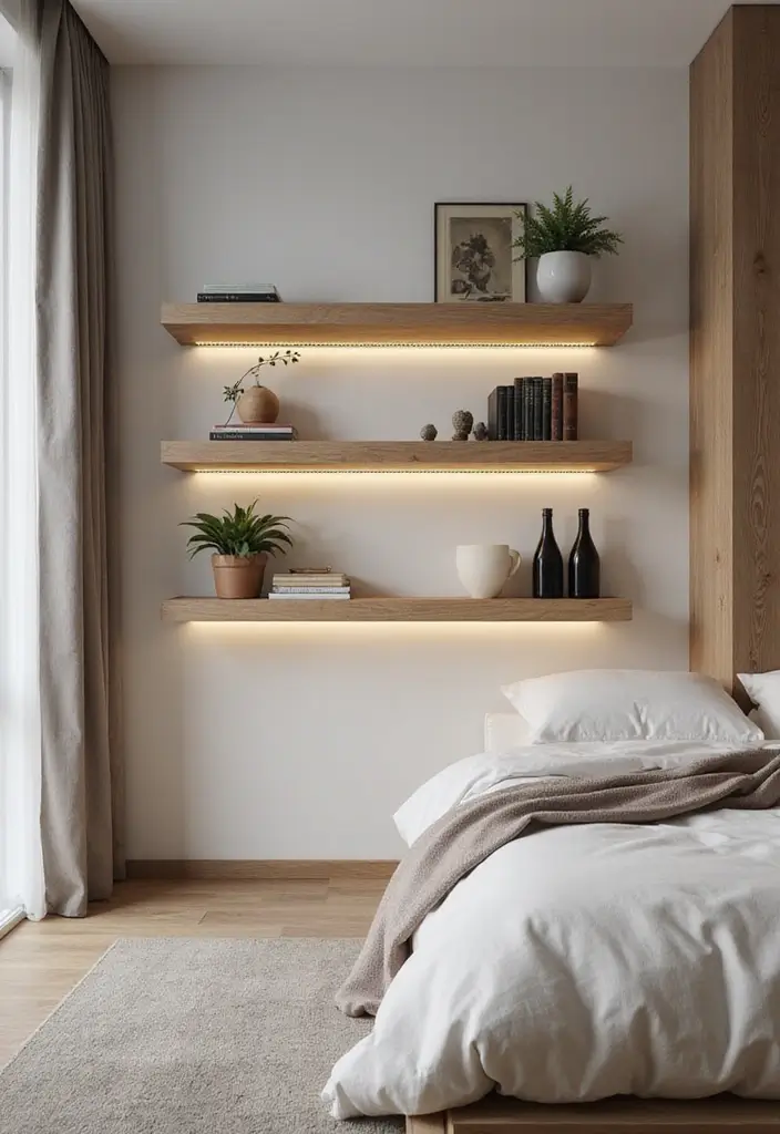 29 Wall Drop Design Bedroom Ideas That Look Sleek and Modern - 1. Floating Shelves with a Twist
