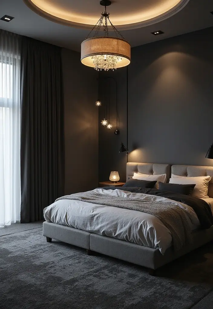 30 Dark Grey Carpet Bedroom Ideas That Feel Luxe & Modern - 11. Statement Lighting