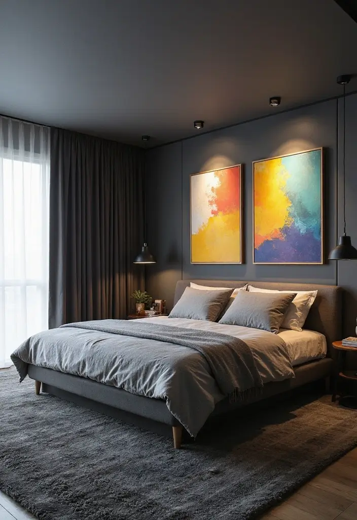 30 Dark Grey Carpet Bedroom Ideas That Feel Luxe & Modern - 12. Contemporary Art Pieces