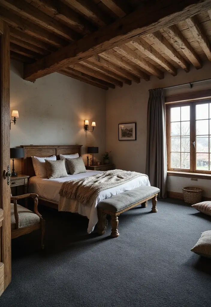 30 Dark Grey Carpet Bedroom Ideas That Feel Luxe & Modern - 13. Rustic Retreat