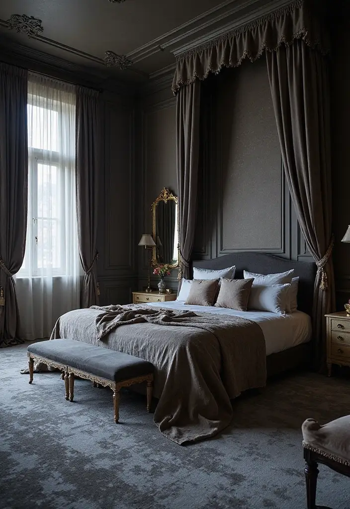 30 Dark Grey Carpet Bedroom Ideas That Feel Luxe & Modern - 14. Luxurious Fabrics
