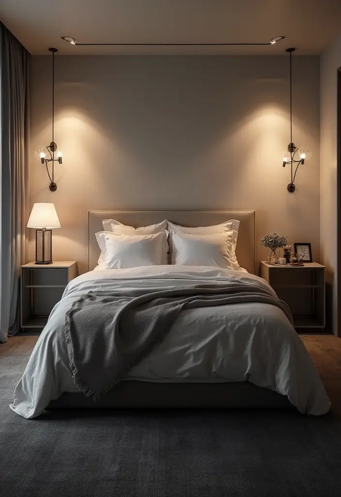 30 Dark Grey Carpet Bedroom Ideas That Feel Luxe & Modern - 19. Layered Lighting