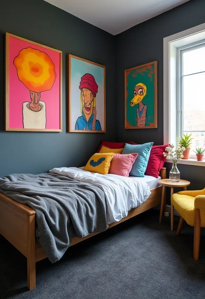 30 Dark Grey Carpet Bedroom Ideas That Feel Luxe & Modern - 20. Colorful Artwork