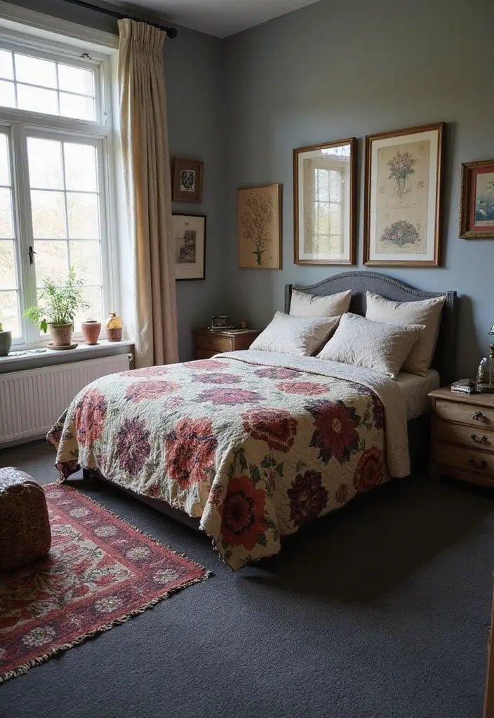 30 Dark Grey Carpet Bedroom Ideas That Feel Luxe & Modern - 27. Vintage Textiles