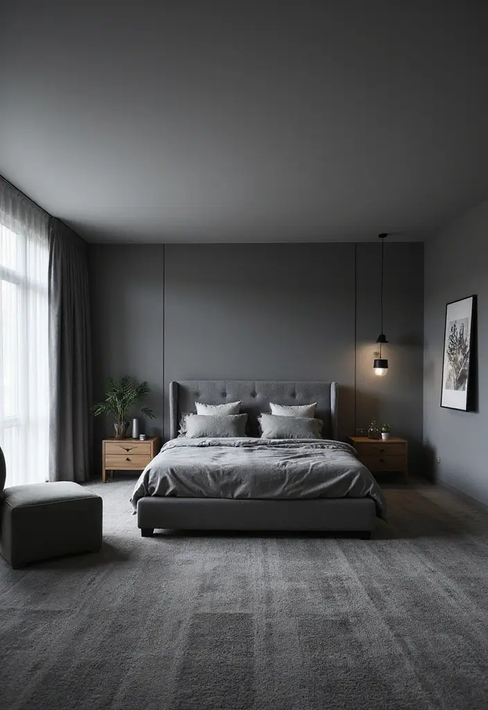 30 Dark Grey Carpet Bedroom Ideas That Feel Luxe & Modern - 7. Monochromatic Masterpiece