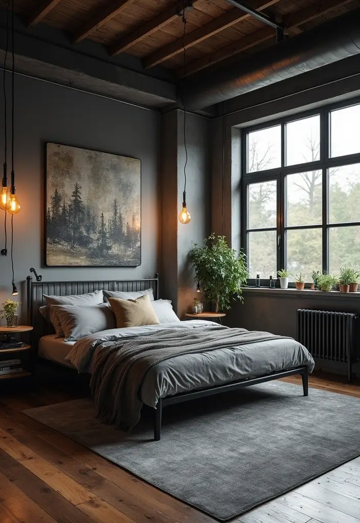 30 Dark Grey Carpet Bedroom Ideas That Feel Luxe & Modern - 8. Industrial Edge