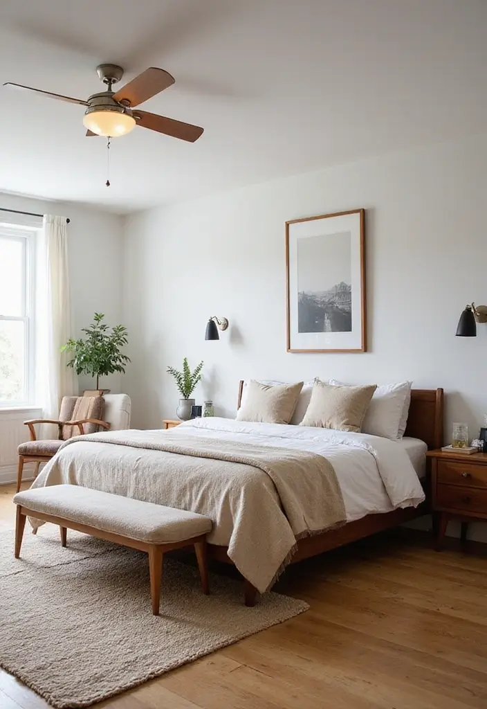 30 Modern Mid Century Bedroom Designs That Feel Timeless & Chic - 25. Cozy Bench at the Foot of the Bed