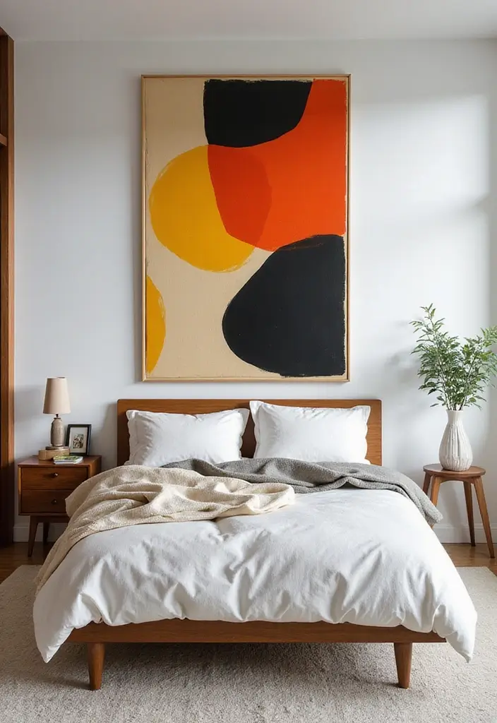 30 Modern Mid Century Bedroom Designs That Feel Timeless & Chic - 7. Statement Artwork