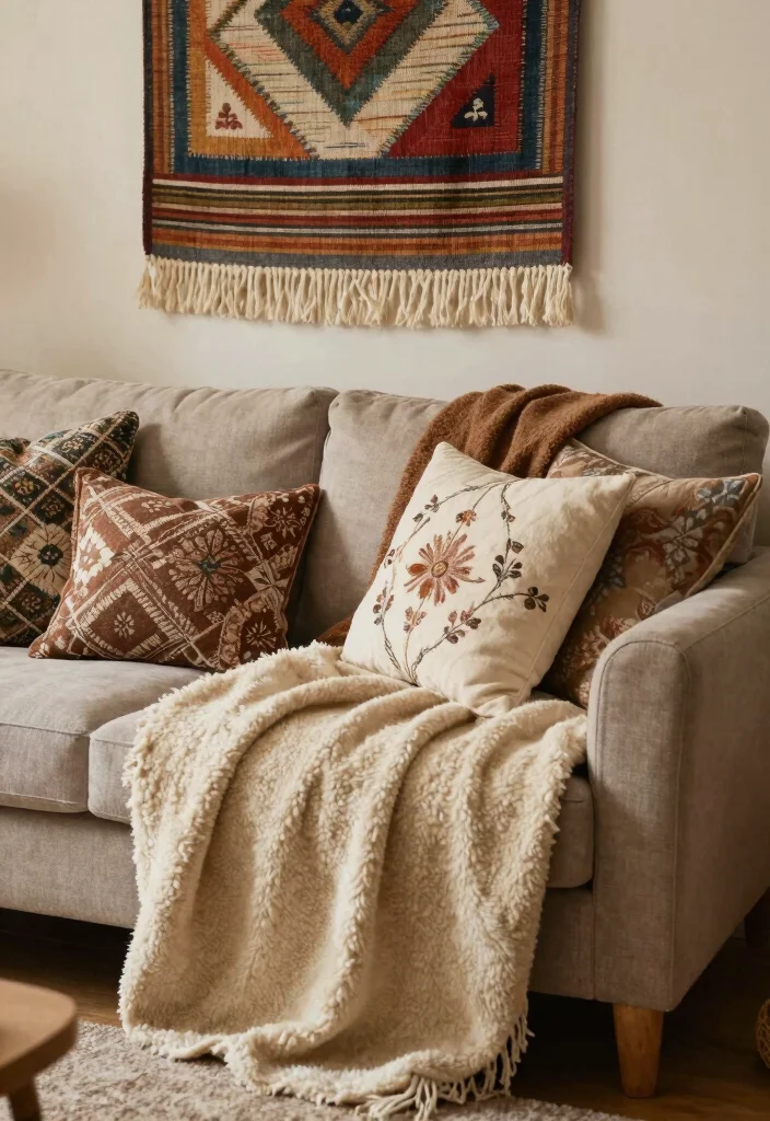 15 Afghan Living Room Ideas: Warm Textured and Cultural - 2. Layer Textured Fabrics for Depth 1