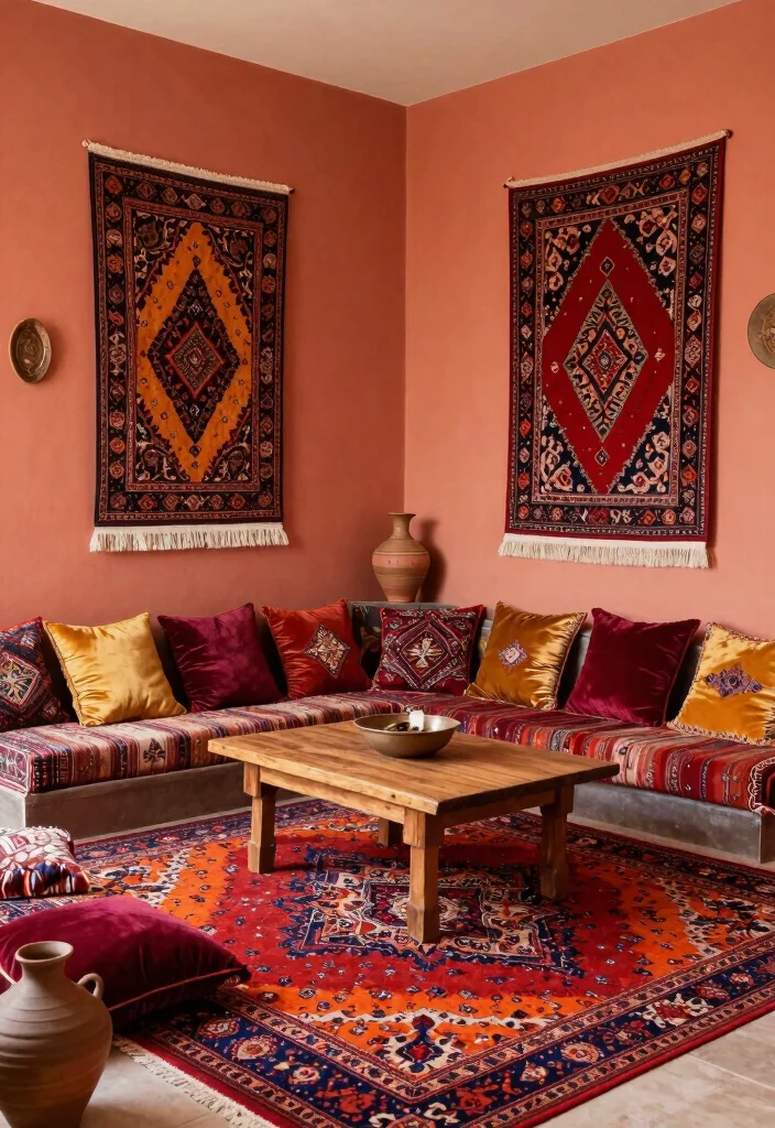 15 Afghan Living Room Ideas: Warm Textured and Cultural - 5. Mix Warm Colors for a Bohemian Vibe 1