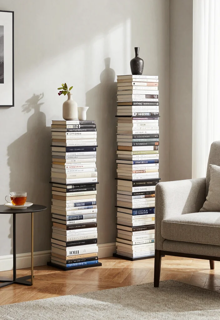 15 Bookcase Living Room Ideas: Stylish Storage and Display - 10. Stylish Stacking 1