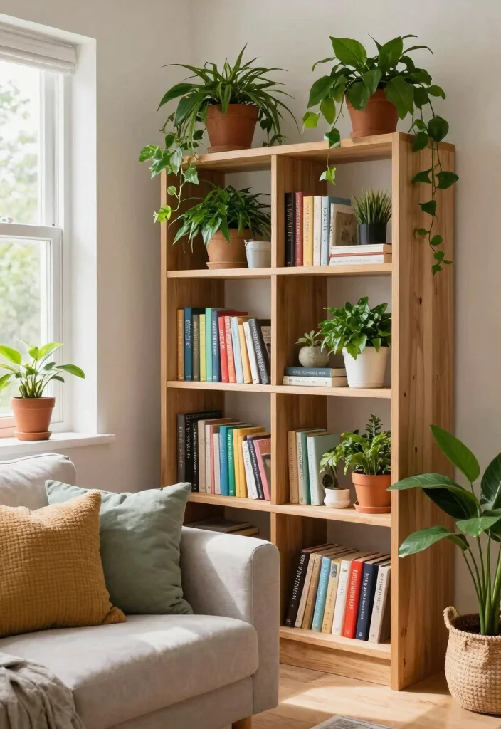 15 Bookcase Living Room Ideas: Stylish Storage and Display - 11. Nature’s Touch 1