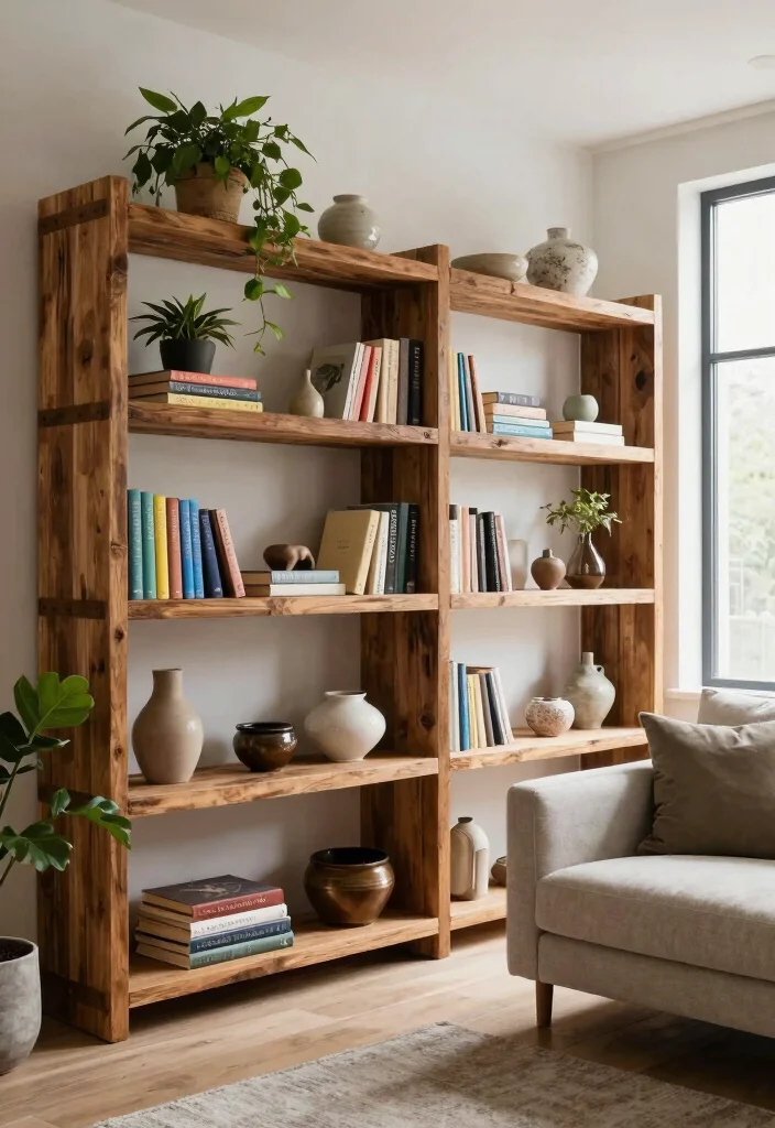 15 Bookcase Living Room Ideas: Stylish Storage and Display - 3. Open Shelving Delight 1