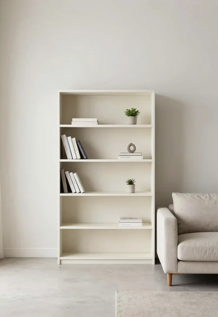 15 Bookcase Living Room Ideas: Stylish Storage and Display - 6. Minimalist Elegance 1