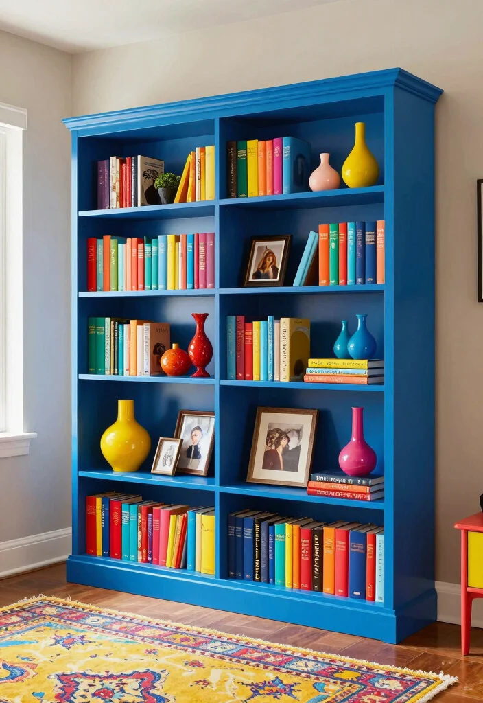 15 Bookcase Living Room Ideas: Stylish Storage and Display - 7. Color Pop 1