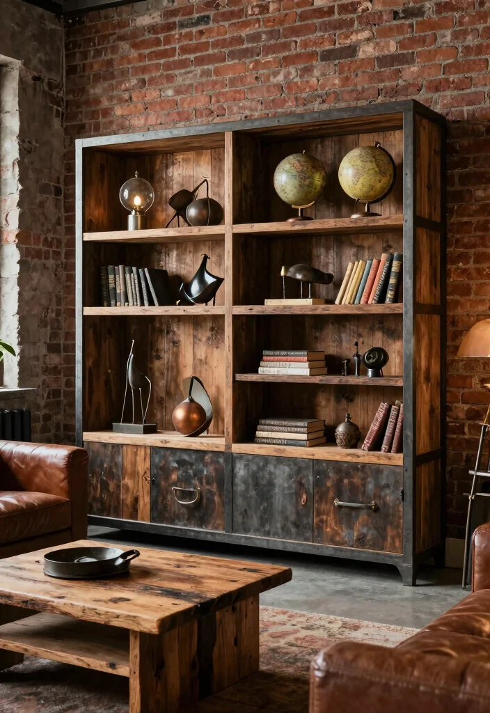 15 Bookcase Living Room Ideas: Stylish Storage and Display - 9. Industrial Chic 1