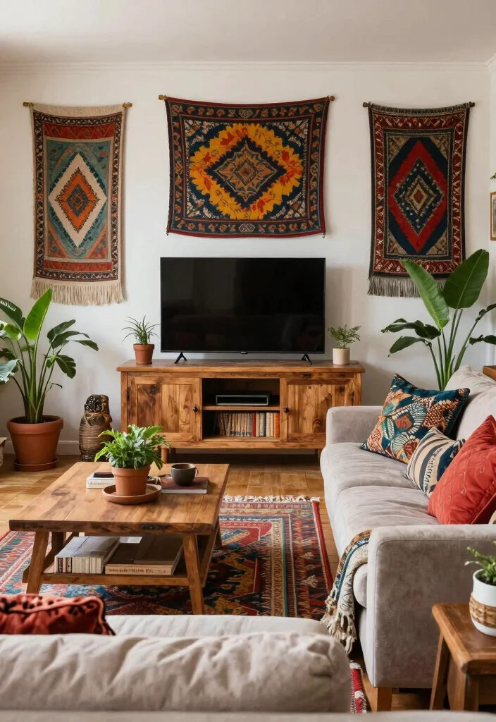 15 Cozy Living Room With TV Ideas Comfortable and Inviting - 4. Bohemian Vibes 1